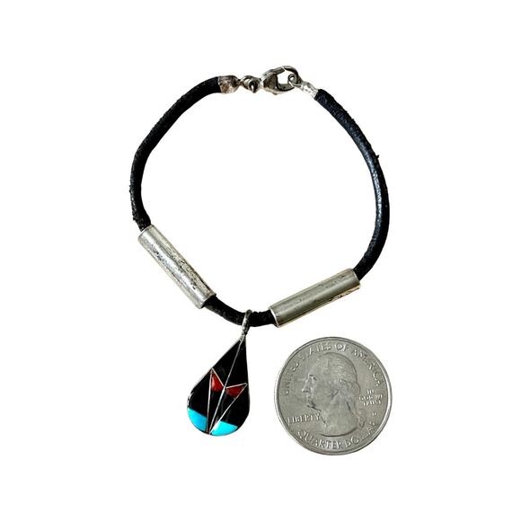 Sterling Onyx Turquoise Coral Native American Bracelet, Vintage Zuni Signed - Picture 2 of 7